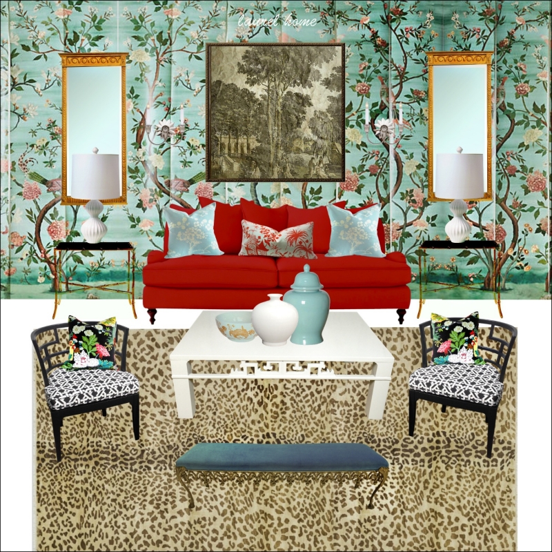 new sofa - red sofa Serena and Lily with Anthropologie wall mural