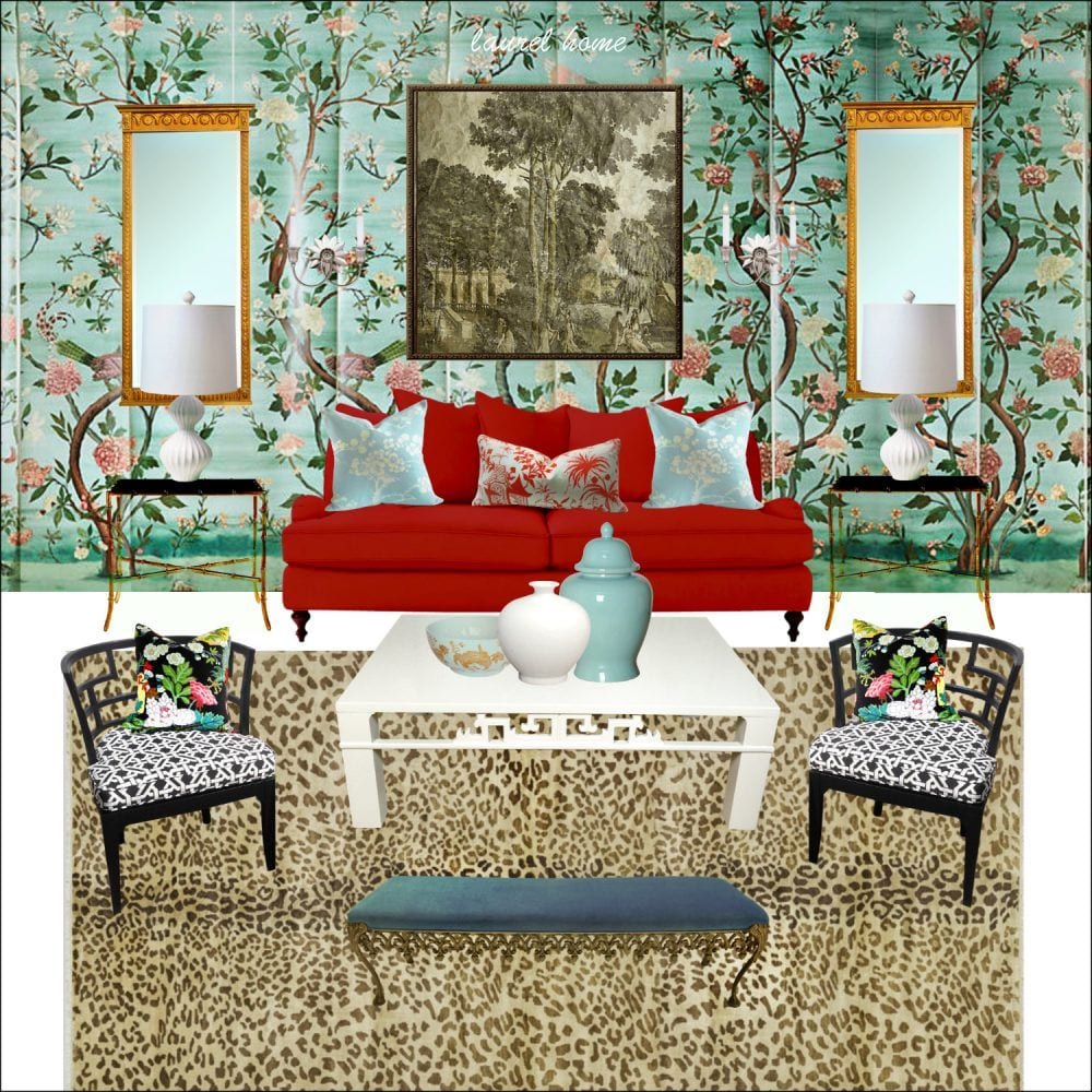 red sofa with Anthropologie Havenview Mural