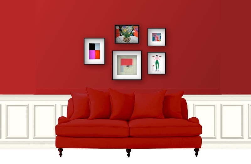 new sofa with red walls and white wainscoting 