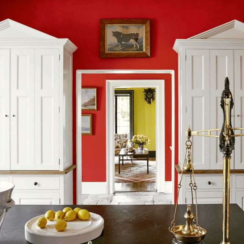 red paint colors-Atomic red walls in the kitchen - West Country Manor House - Ben Pentreath
