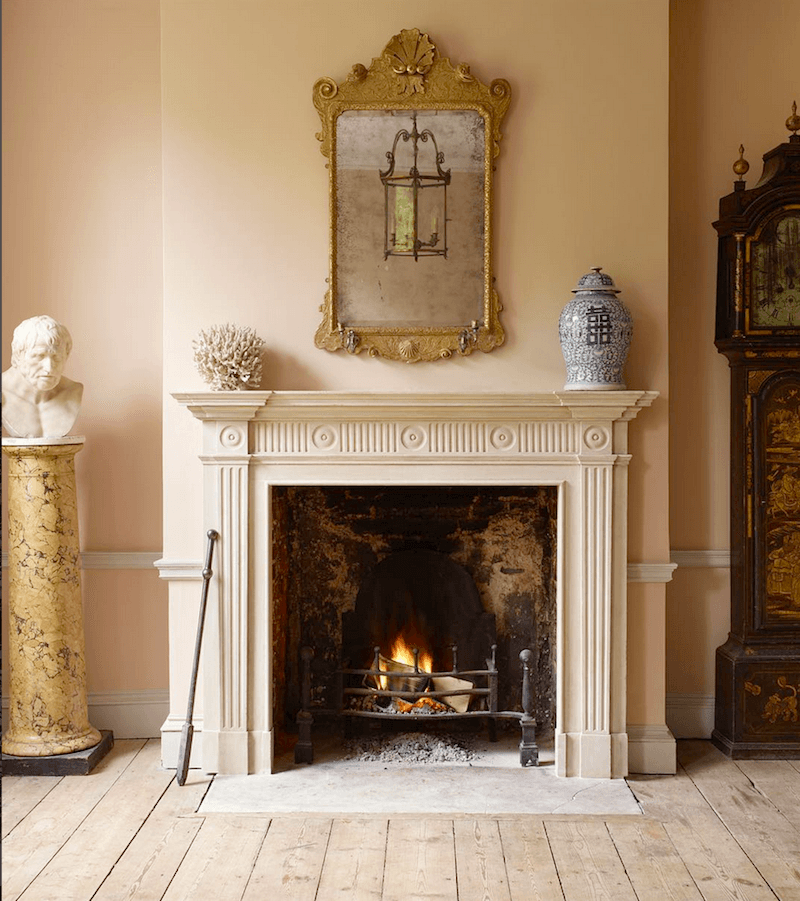 Jamb - London fireplace mantel - timeless interiors - the color pink is one that is loved in the UK