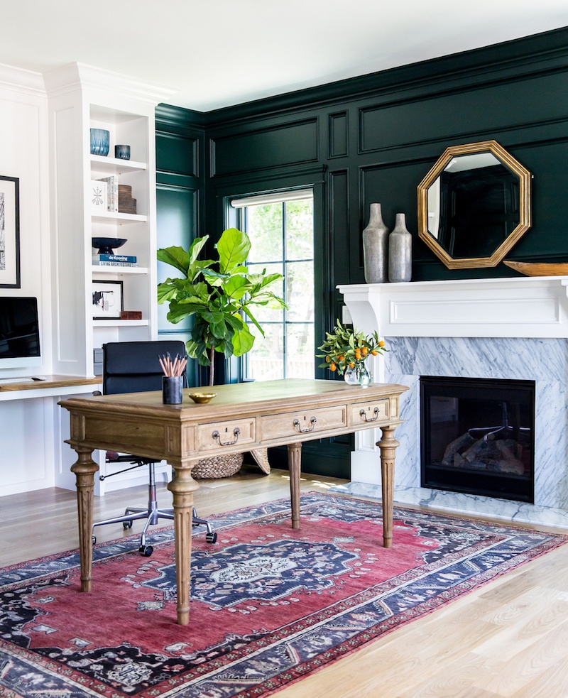 Studio McGee Metrie mouldings - beautiful roomGreen-black+paneled+walls+and marble fire place Studio+McGee