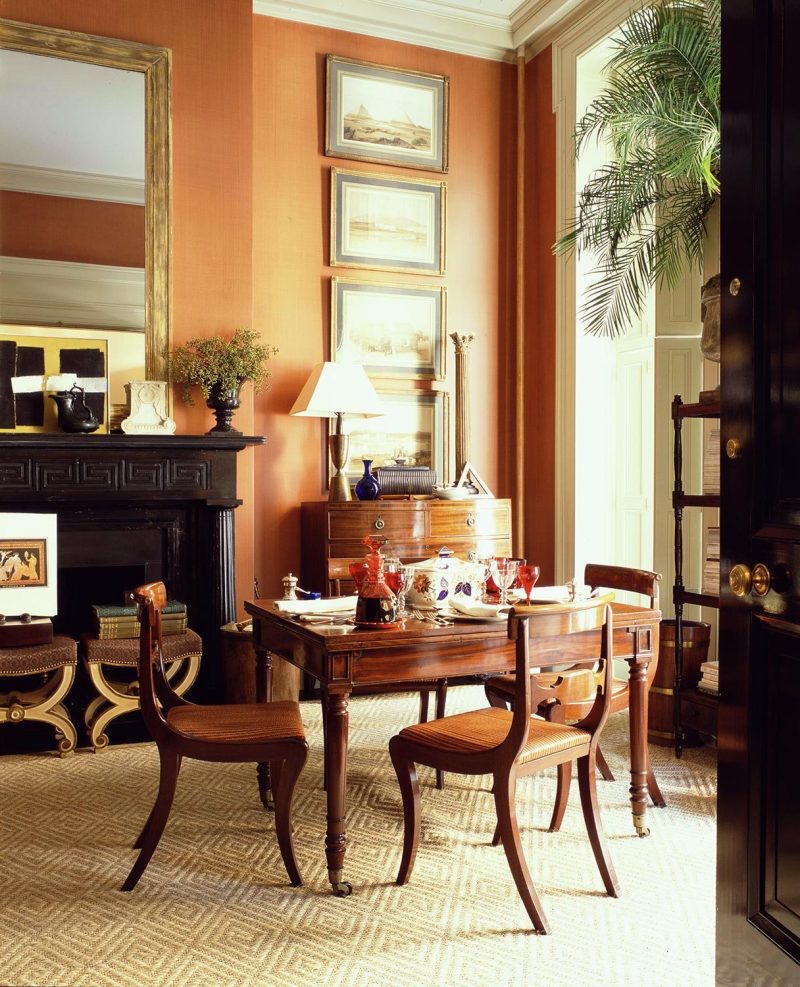 Gil Shafer stunning dining room library - with warm color scheme