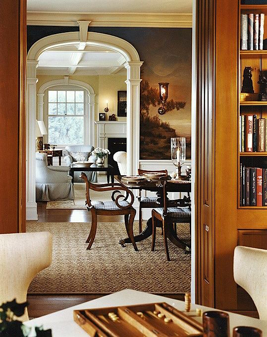 Horton Design Associates -Gil Schafer architect warm color scheme - enfilade - DeGournay wallpaper -dining room - living room