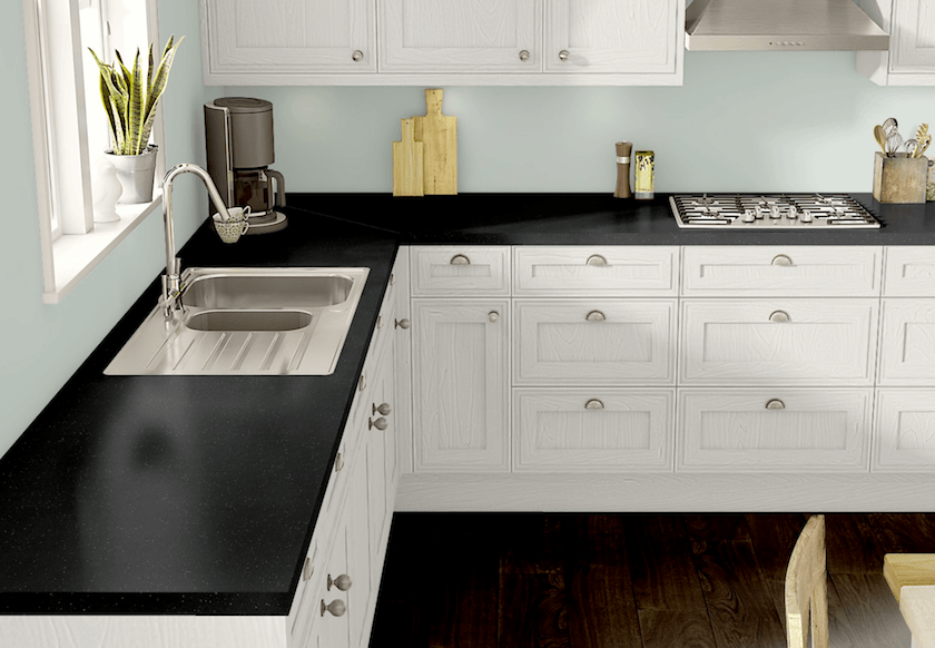 Wilsonart laminate counters, cabinet doors, kitchen floor, backsplash- product visualizer black counter