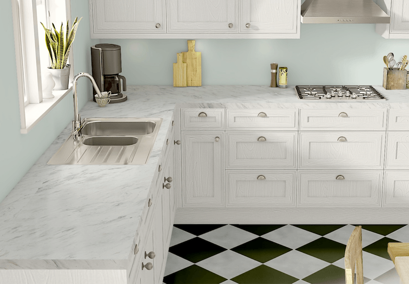 Wilsonart laminate counters, cabinet doors, kitchen floor, backsplash- product visualizer- light blue-green walls
