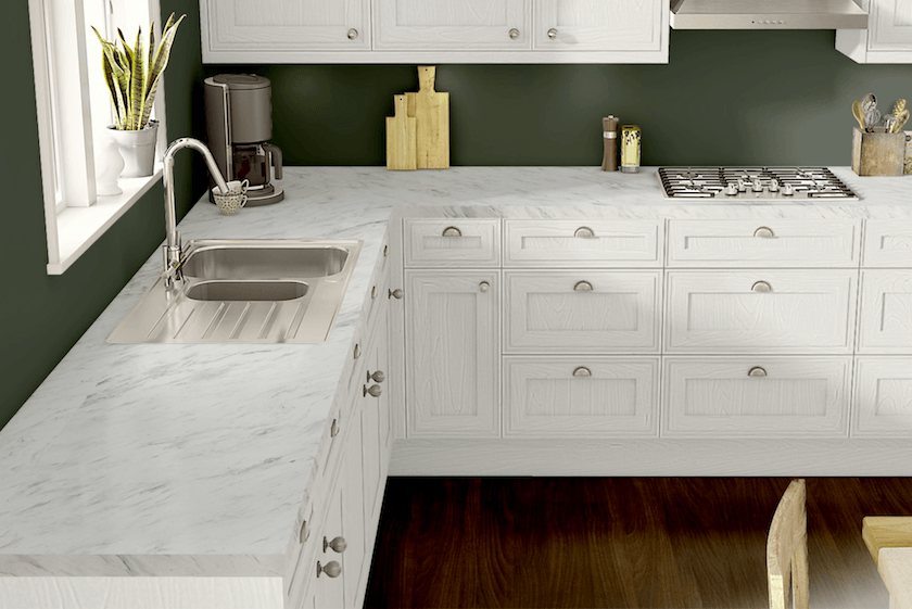 Wilsonart laminate counters, cabinet doors, kitchen floor, backsplash- product visualizer loden green