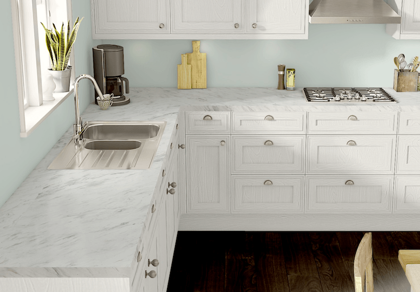 Wilsonart laminate counters, cabinet doors, kitchen floor, backsplash- product visualizer wood floor