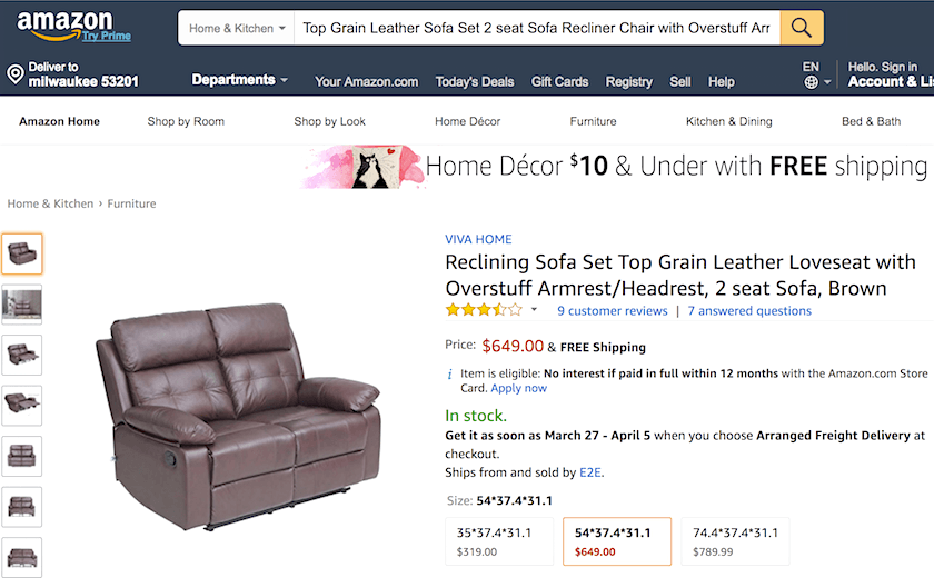 Reclining sofa 2 seat sofa on Amazon for $649