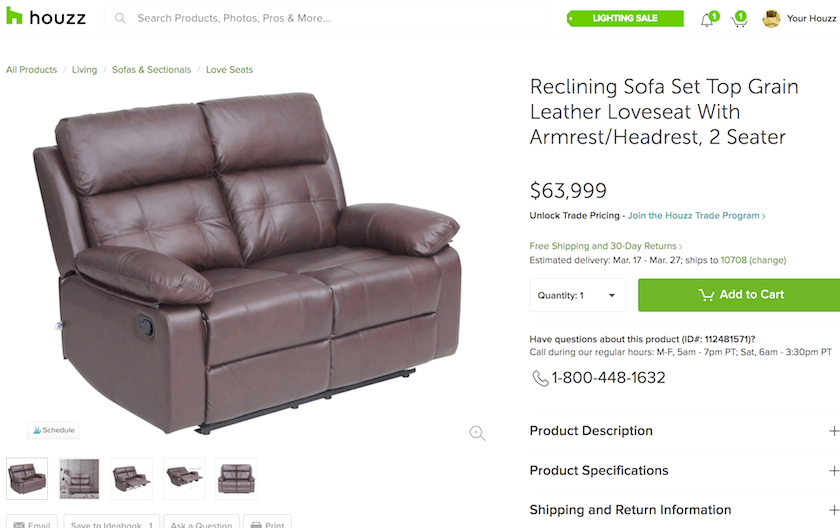 reclining sofa sold on houzz for only $63,999