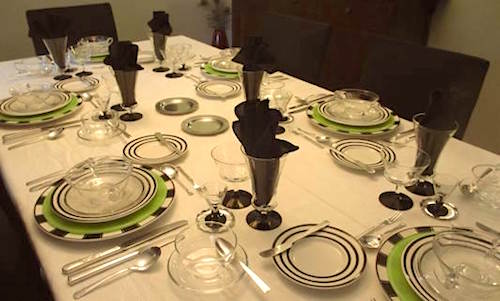 eclectic dining room green-black-white table top