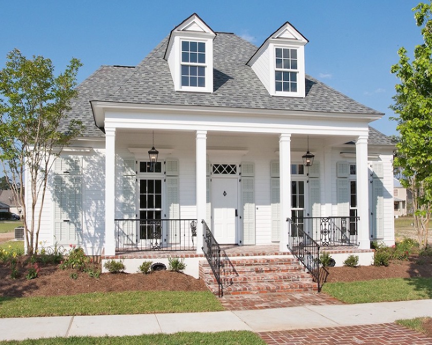 Highland Homes, Scheffy Construction - SW pure white, shutters SW sea salt-classic home with tall windows shutters and white front door-best front door paint colors