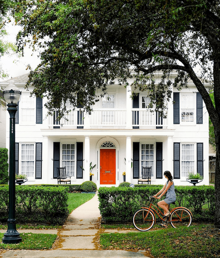 PJHavel on instagram - traditional southern colonial white house with red door and black shutters