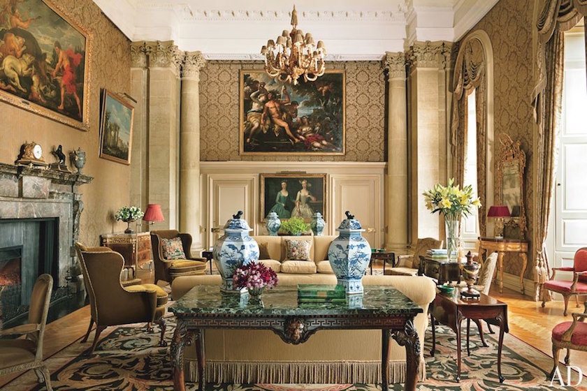 Easton Neston Main Parlor. brown damask wallpaper