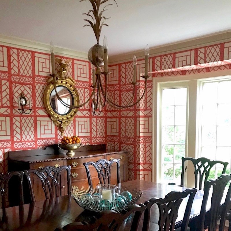 Young family home remodel-new trad dining room Quadrille - china seas wallpaper