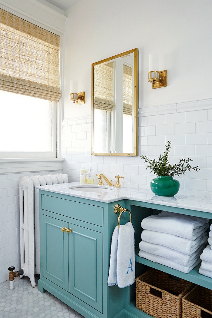 Amy Corley - interiors- chic medicine cabinet-turquoise-vanity-gold-knobs-antique-brass-rivet-medicine-cabinet
