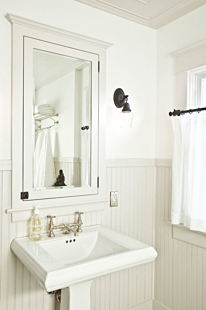 Jessica Helgerson - Gorgeous built-in medicine cabinet - beadboard and pedestal sink with nickel faucet