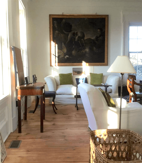 Gerald Bland exquiste not bland decor - white slipcovers - fabulous old oil painting - white walls