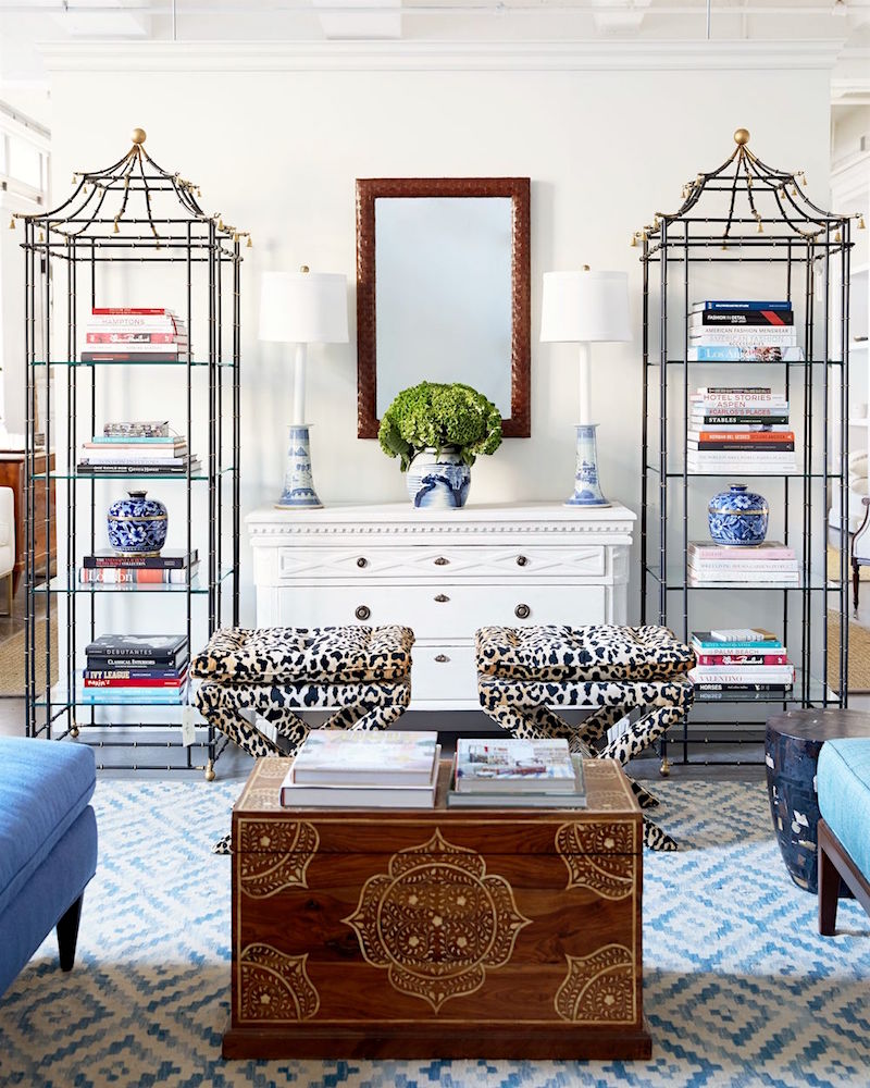 one kings lane blue and white living room vignette - cool etageres - symmetry