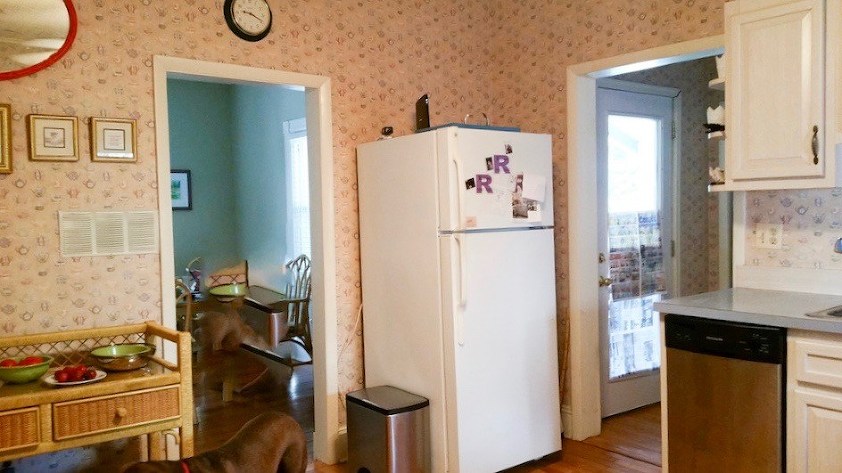 Melissa - old house kitchen before - fridge - old dining room