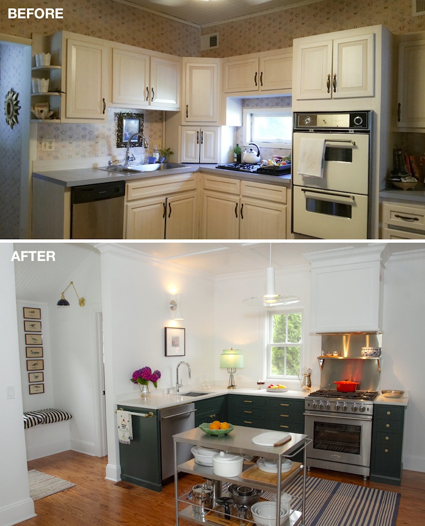frumpy old house kitchen renovation - Benjamin Moore hunter green cabinets