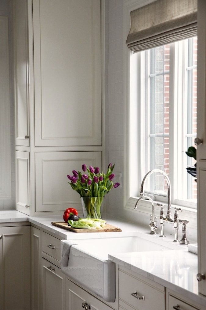 Park and Oak Design - beige decor- beautiful gray kitchen - Perrin-and-Rowe faucet