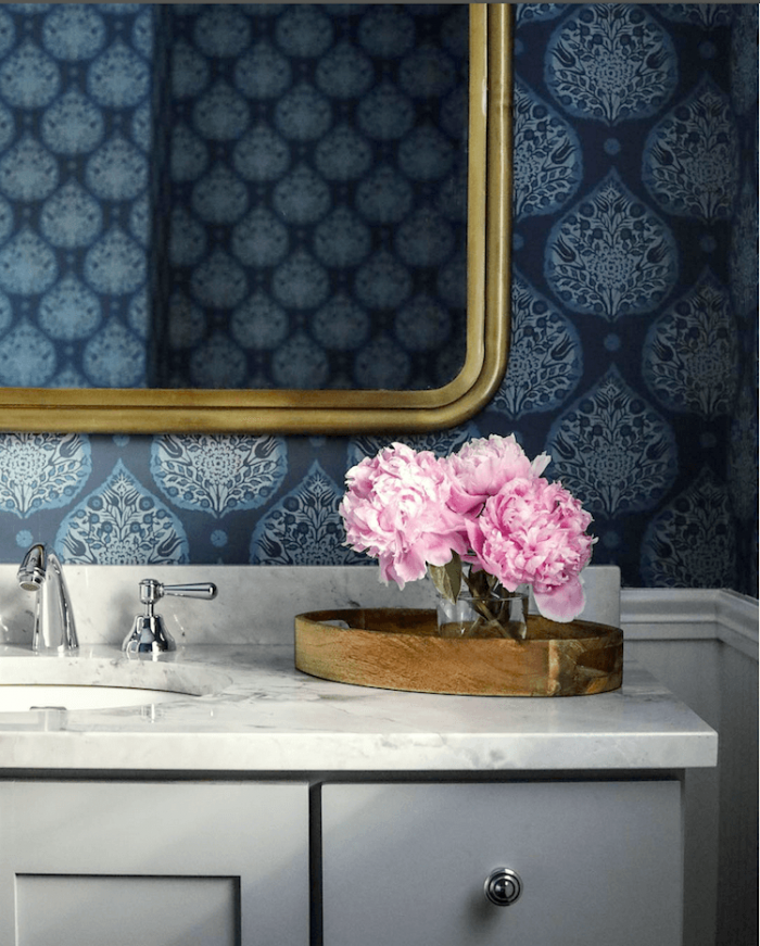 Park and Oak Design - fabulous bathroom - gold mirror - wallpaper- Little Lotus - Galbraith and Paul