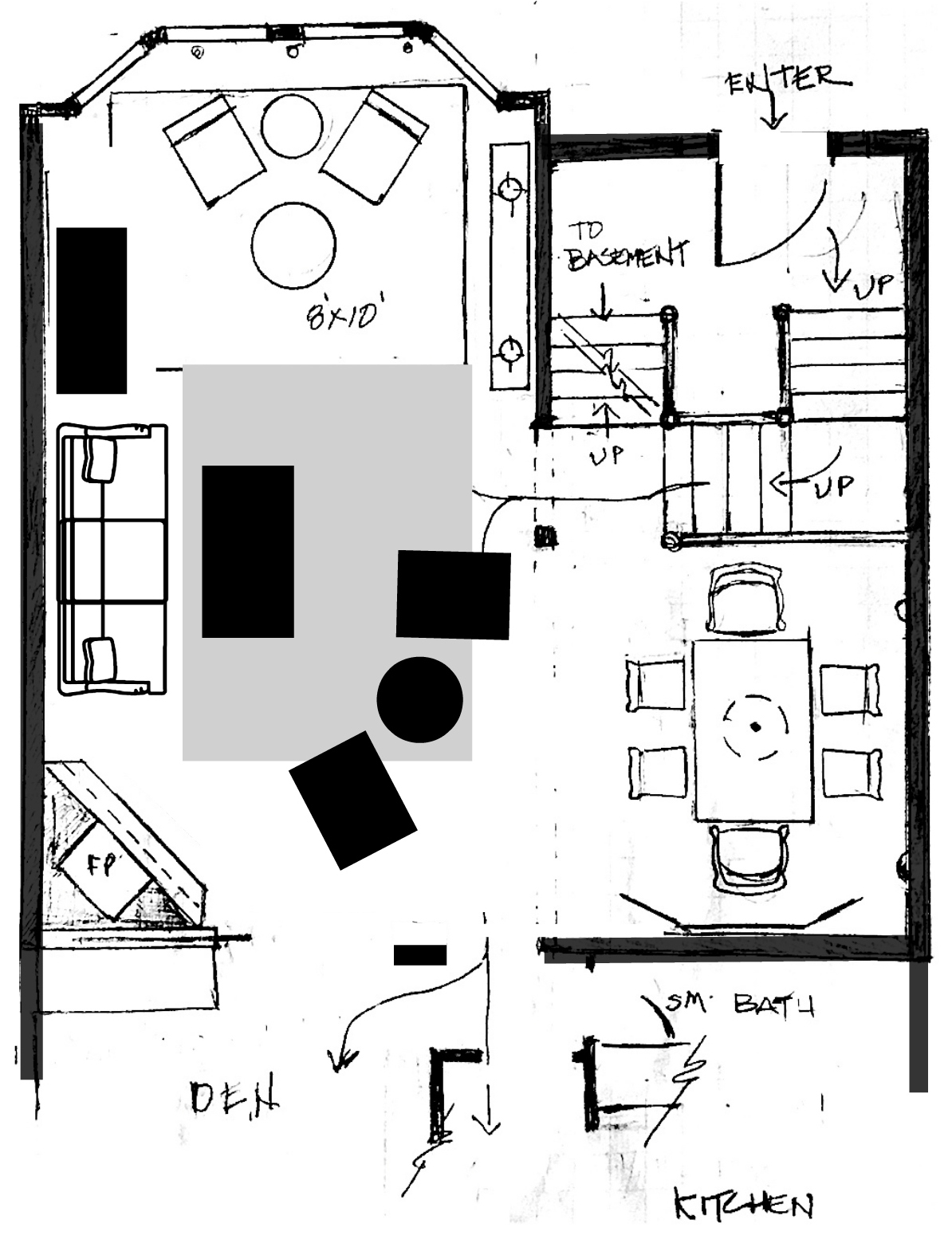 Townhouse LIVING ROOM floor plan idea