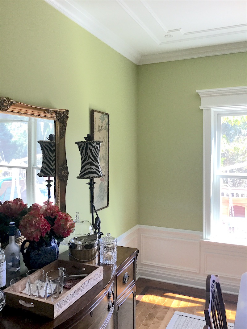 interior decorating lessons - pretty dining room - Benjamin Moore Green Hydrangea wall color