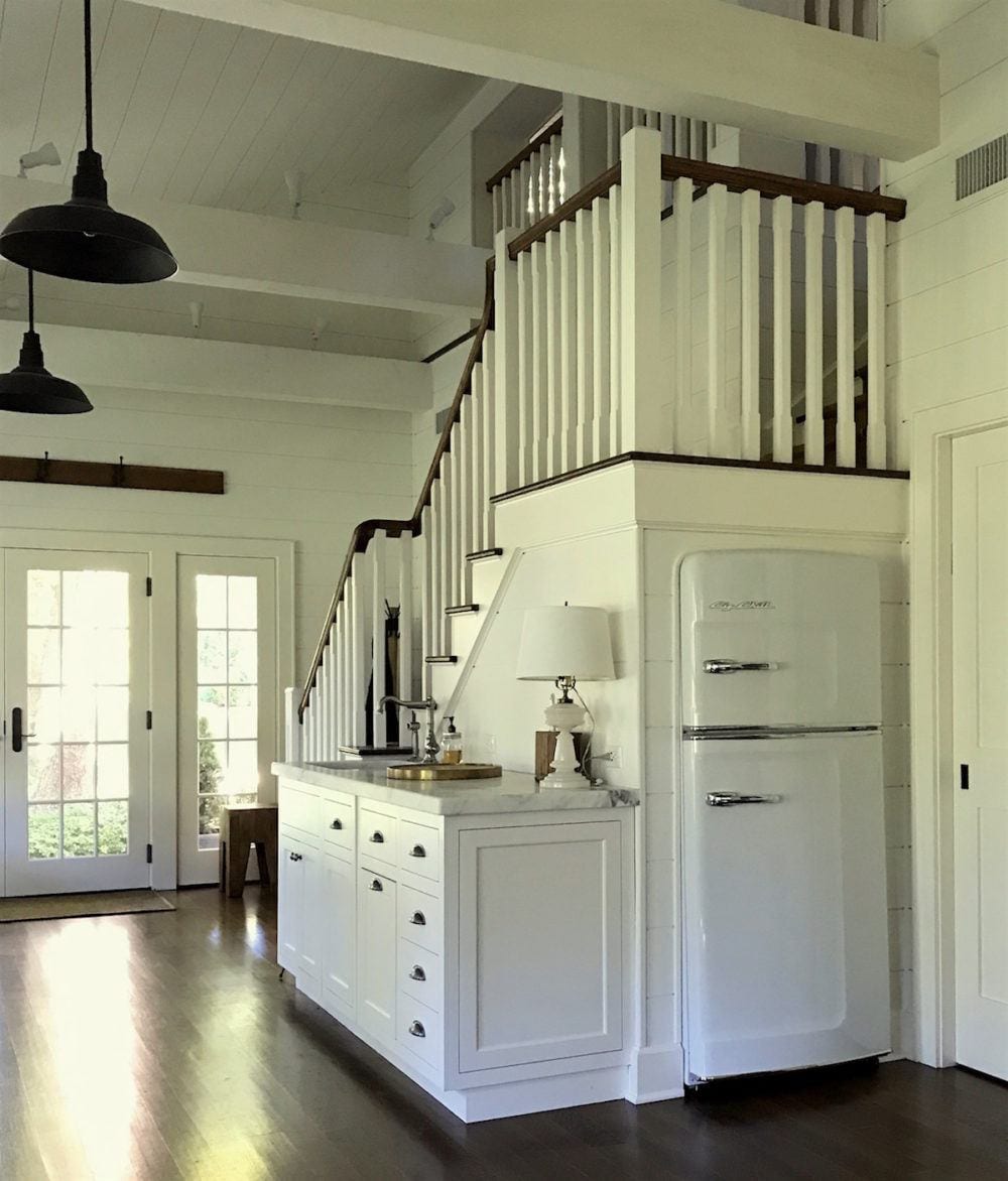 renovated barn- retro fridge - bar area-interior designer - home stager - Lotte Meister - Rye, NY