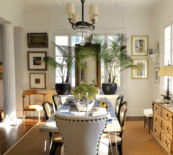 Nancy Keyes (@nancy.keyes.design on instagram) beautiful eclectic dining room - coordinate lighting - bronze and crystal chandelier