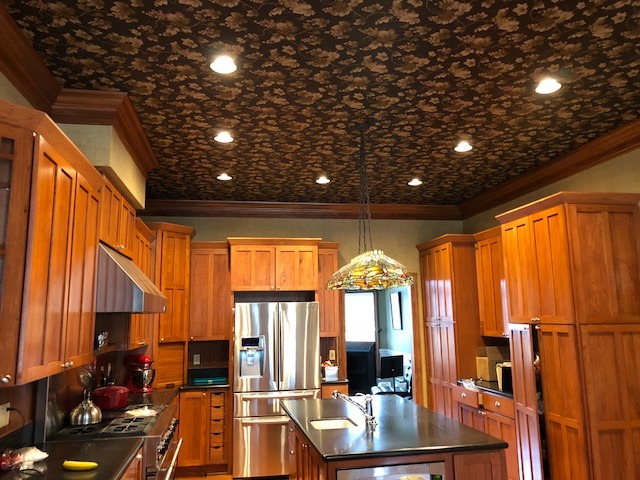 hideous ceiling wallpaper - fake tiffany pendant - dysfunctional kitchen