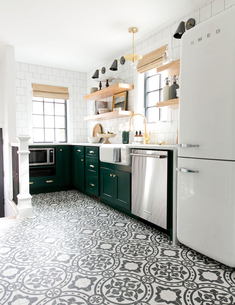  Floor - Vintage Kitchen with cabinets in Benjamin Moore's Forest Green, open shelving, and cement tile floor