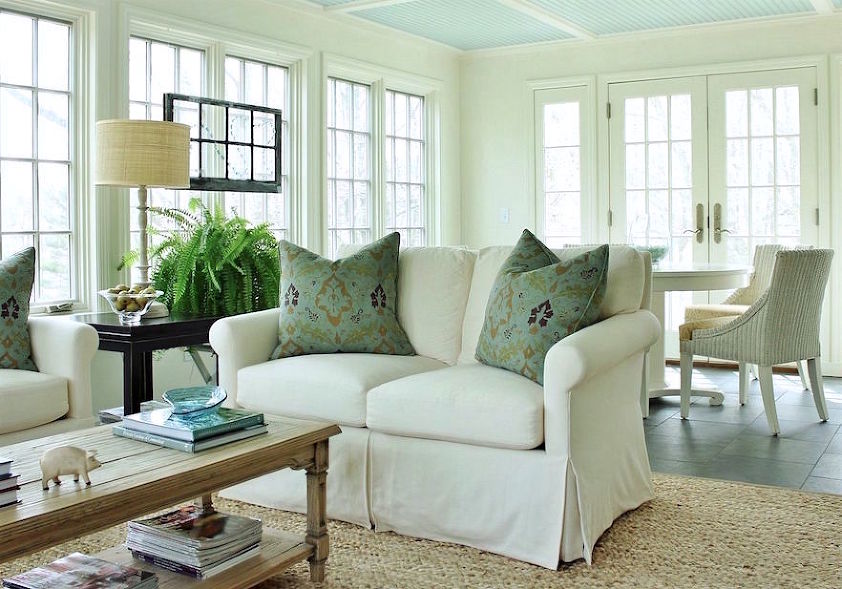 Laurel Bern Interiors-benjamin-moore-palladian-blue-ceiling-linen-white-walls-white-sofas-jute-rug-wicker-chairs- best shades of white paint