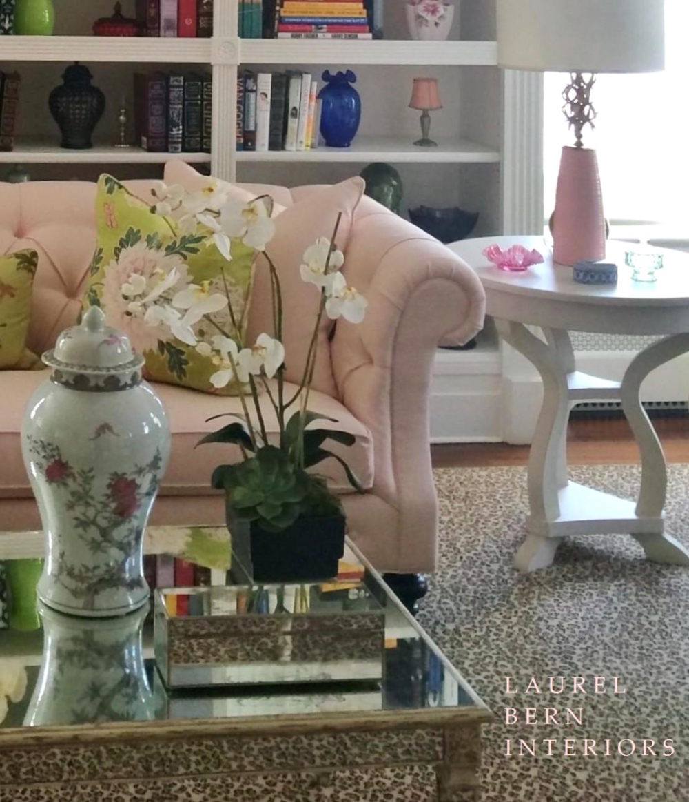 Bronxville Living room pink sofa - colorful home decor vignettes
