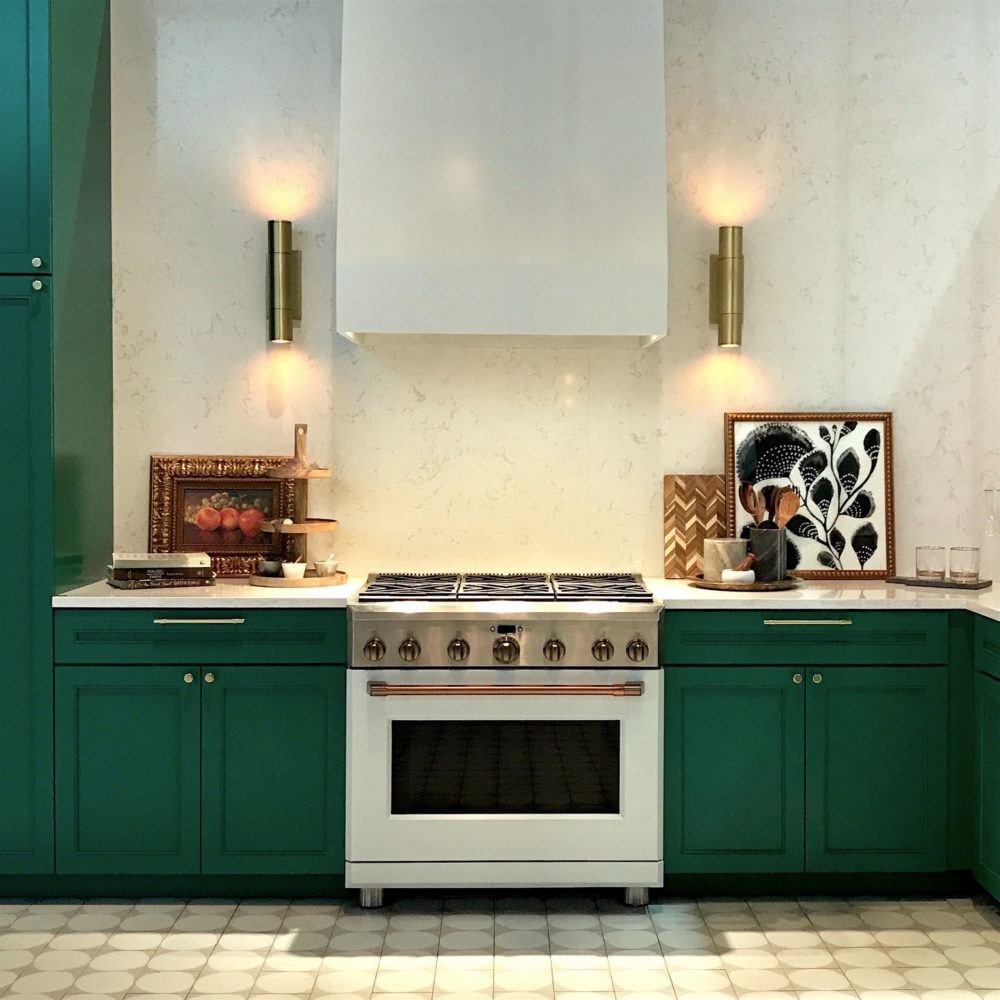 GE-cafe range- matte white appliances- Benjamin Moore True Green - 2042