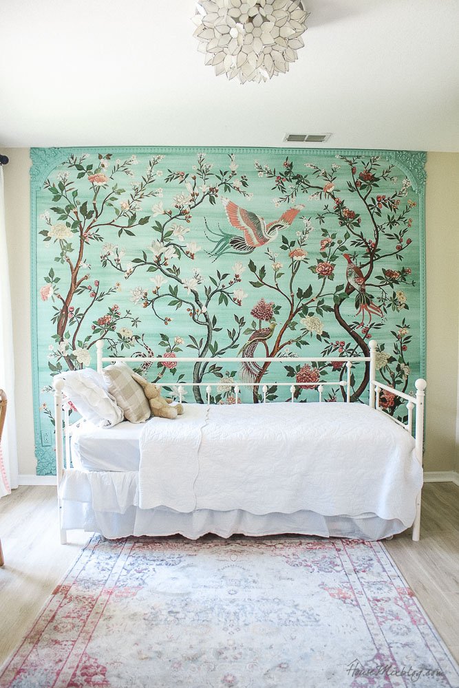 Green-garden-mural-with-flowers-and-birds-in-little-girls-room-havenview-anthropologie-mural-pink-and-green-girls-room-House Mix Blog