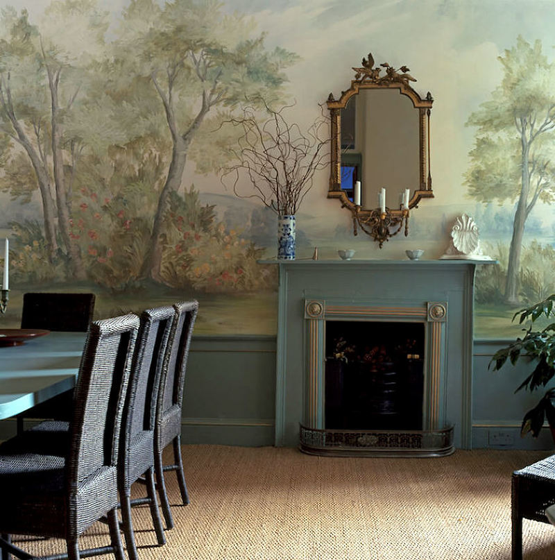 Susan Harter - scenic wallpaper murals Calmsden True dining room mural over wainscoting and fireplace painted trim