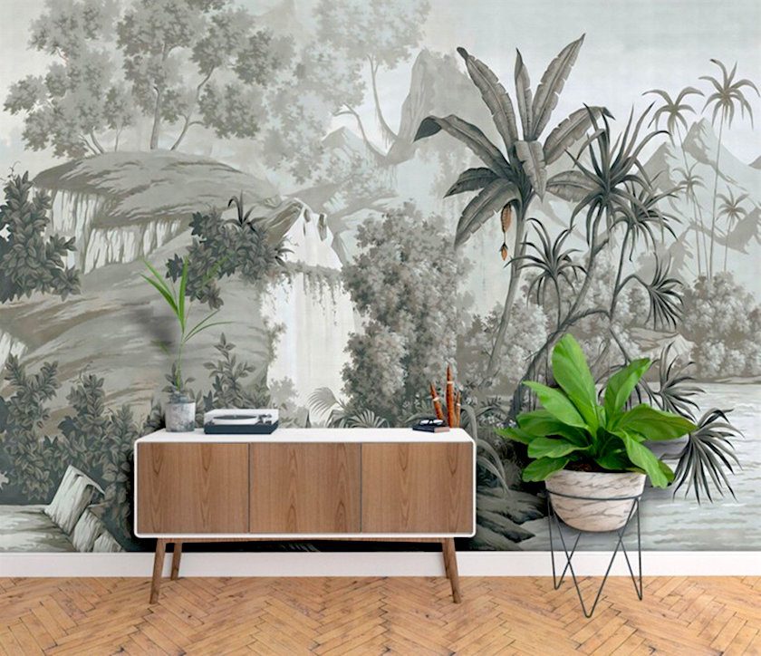 Tropical Rainforest Wallpaper, Vintage Grey - Florawallpaper - Etsy - Grisaille scenic wallpaper mural