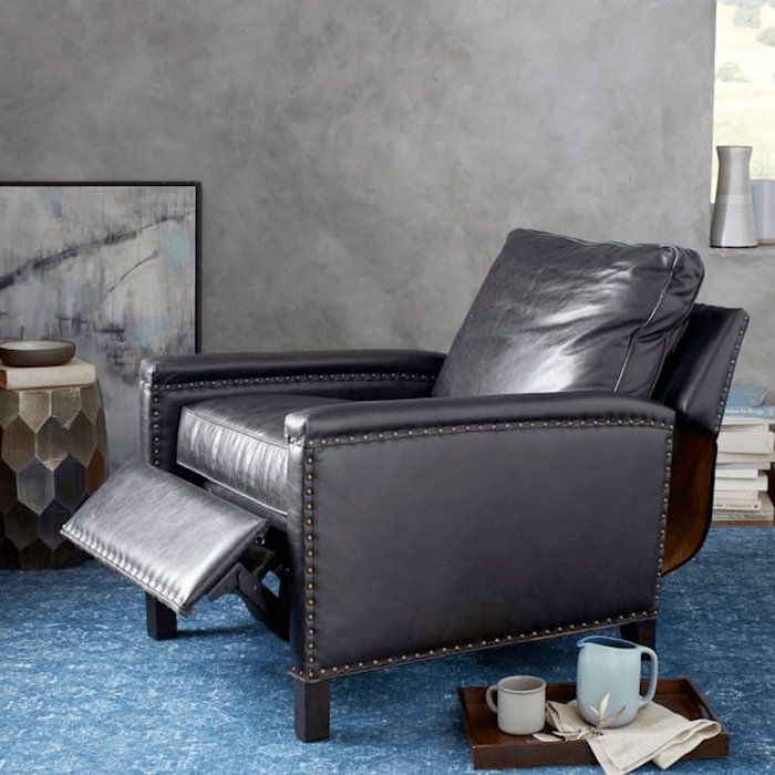 Tyler Leather square arm recliner chair with nailheads
