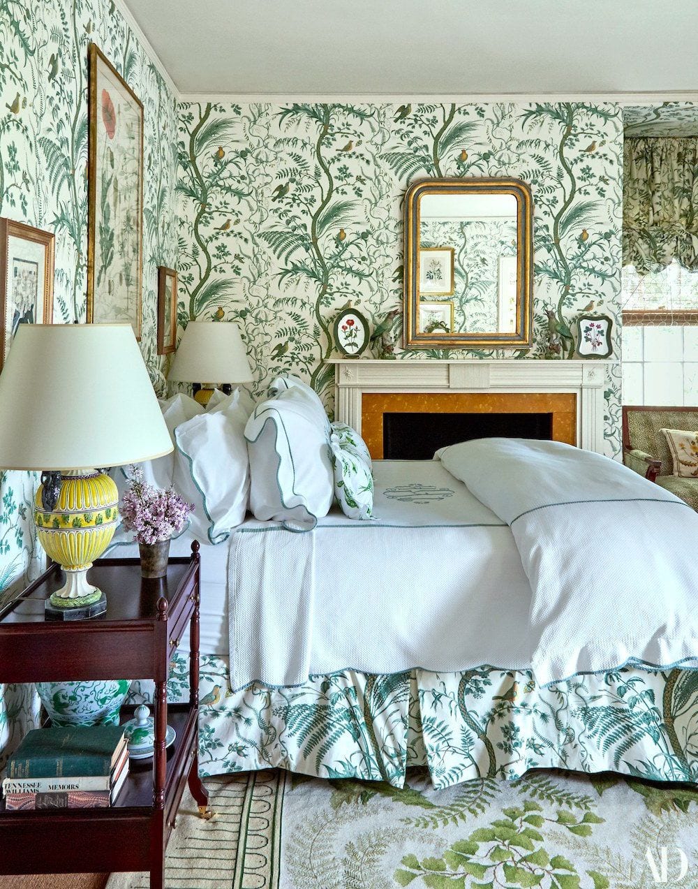 Architectural Digest - Tory Burch Green and White bedroom - Brunschwig and Fils - Bird and Thistle