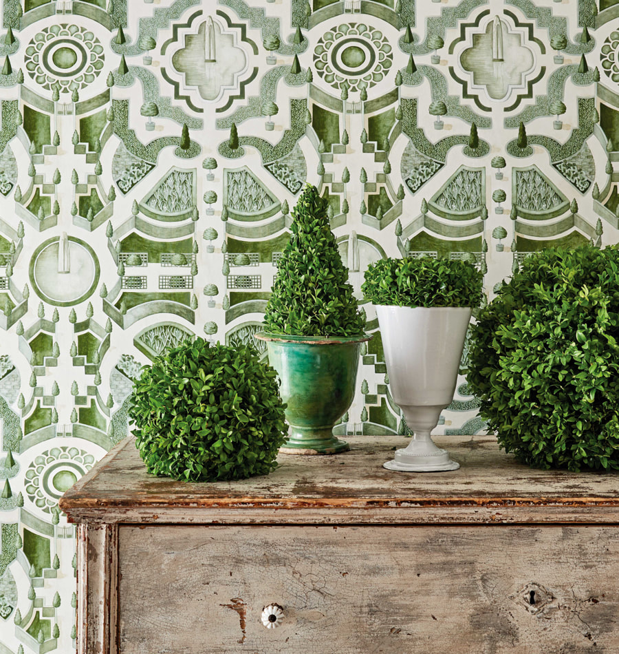 Cole and Son green and white wallpaper Topiary detail