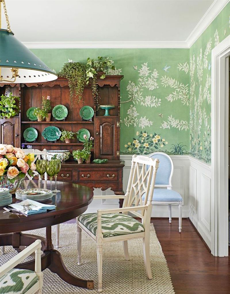 mark-sikes-gracie-wallpaper-chinoiserie-handpainted-celedon-majolica-antique-hutch-green and white rooms dining room