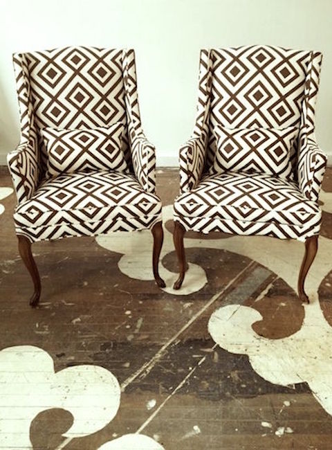 Chairloom_David Hicks fabric - wing chairs mix dining room chairs