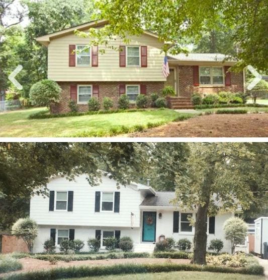 split level painted white - black shutters - before and after - Laurel Home