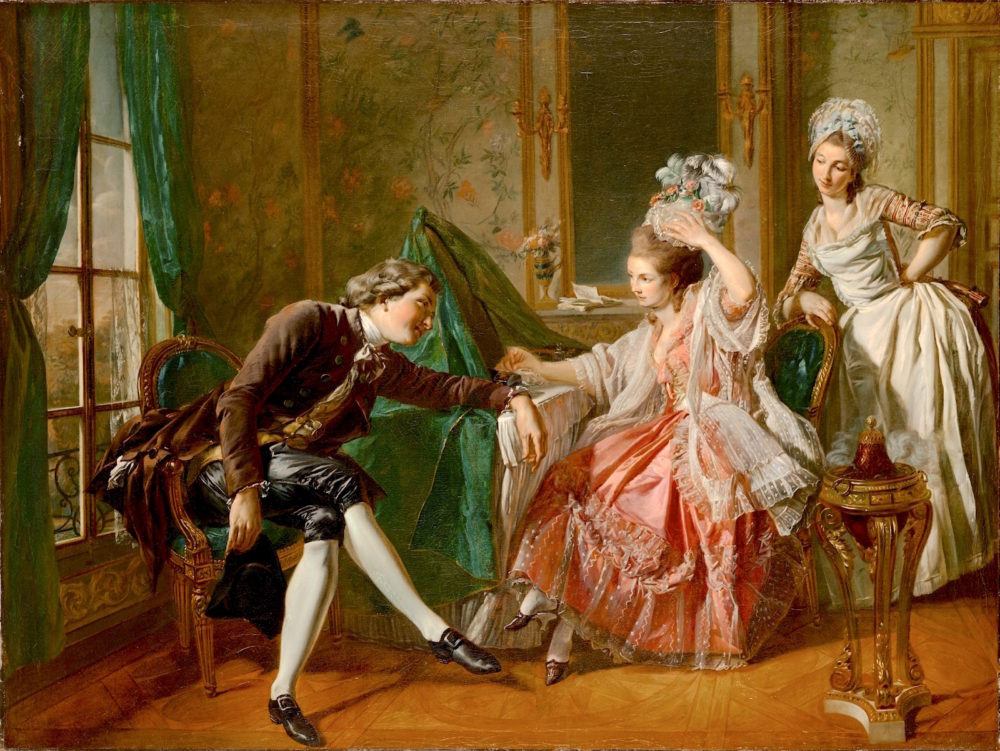 Louis Rolland Trinquesse, An Interior with a Lady, her Maid, and a Gentleman, 1776, oil on canvas - via alaintruong