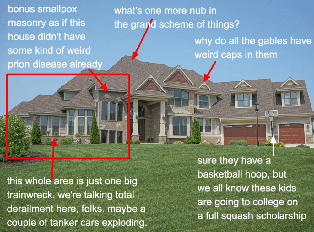 Farmhouse Freak via mcmansion hell - really bad architecture - Wisconsin