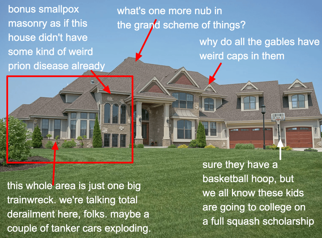 Farmhouse Freak via mcmansion hell - really bad architecture - Wisconsin
