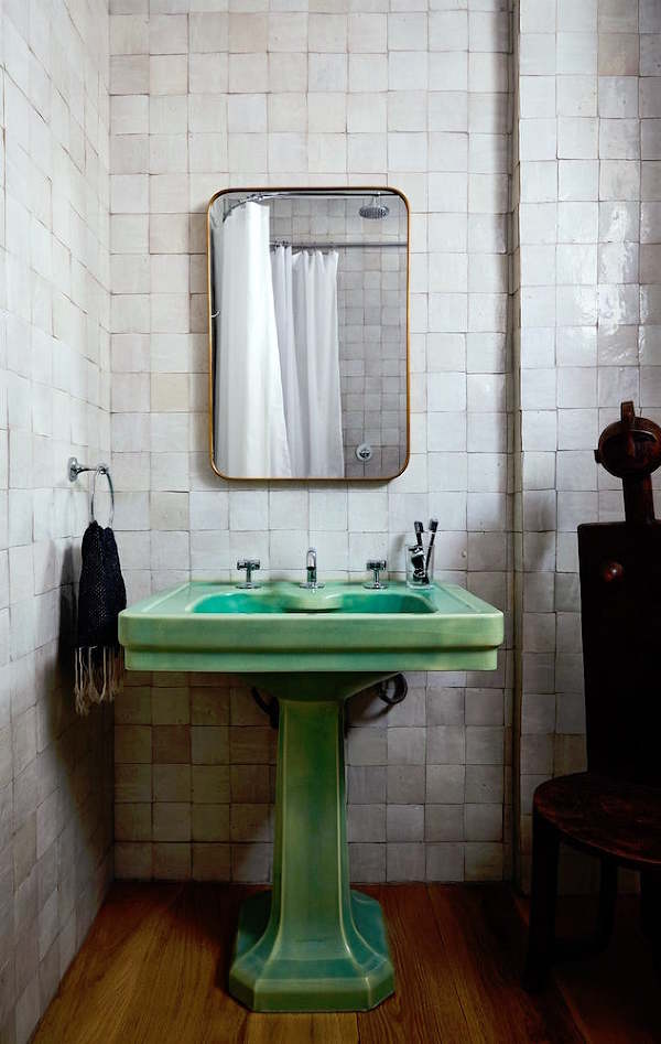 Ash NYC via first dibs - zellige hand-made tile bathroom - green pedestal sink - subway tile substitute