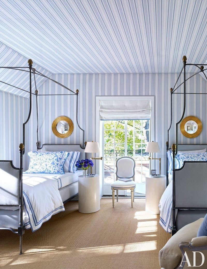 architecturaldigest.com - twin beds - design - Bruce Budd - blue and white bedroom